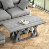 FROMJBEST Farmhouse Coffee Table with Shelf, Wood Coffee Table for Living Room, Open Display Area,47” Grey FROMJBEST