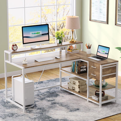 Tribesigns 55-Inch Reversible L-Shaped Desk with Drawers and Storage Shelves in Oak - WoodArtSupply