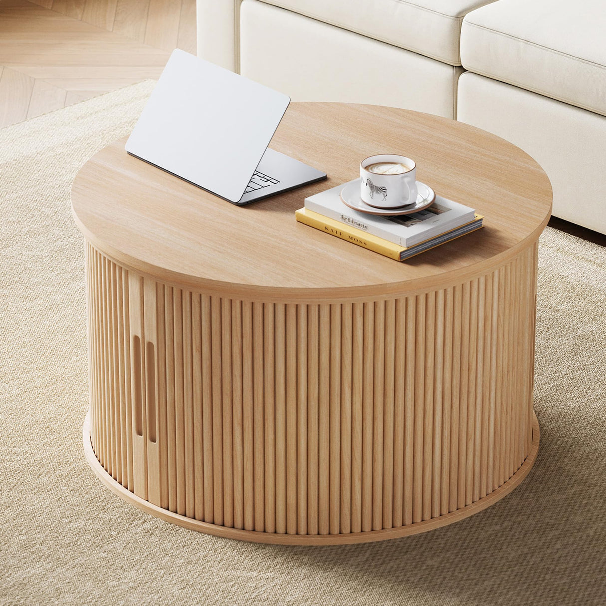 LINSY Lift Top Coffee Table, Round Fluted Coffee Table with Storage, Boho Wooden Coffee Tables with Sliding Tambour Door, 31.5" Center Table for Living Room, Office, Small Space, Natural Oak LINSY