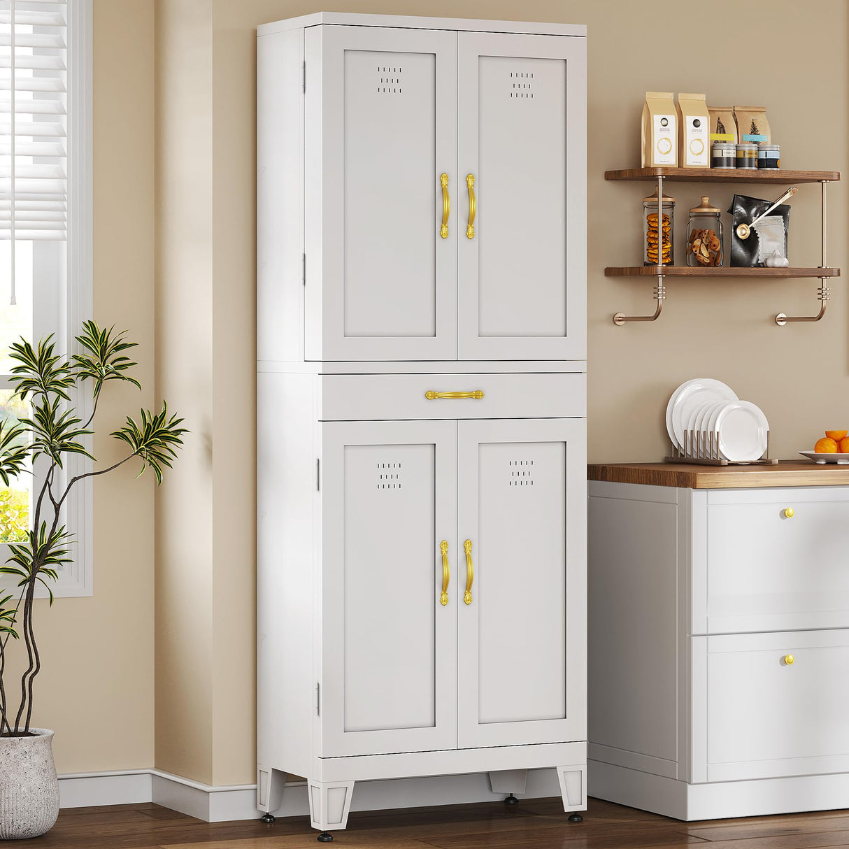 YITAHOME 71" Tall Kitchen Pantry, Metal Kitchen Storage Cabinet with Adjustable Shelves, Pantry Organizer with 2 Door and Drawer for Dining Room, Living Room, Bathroom, White YITAHOME