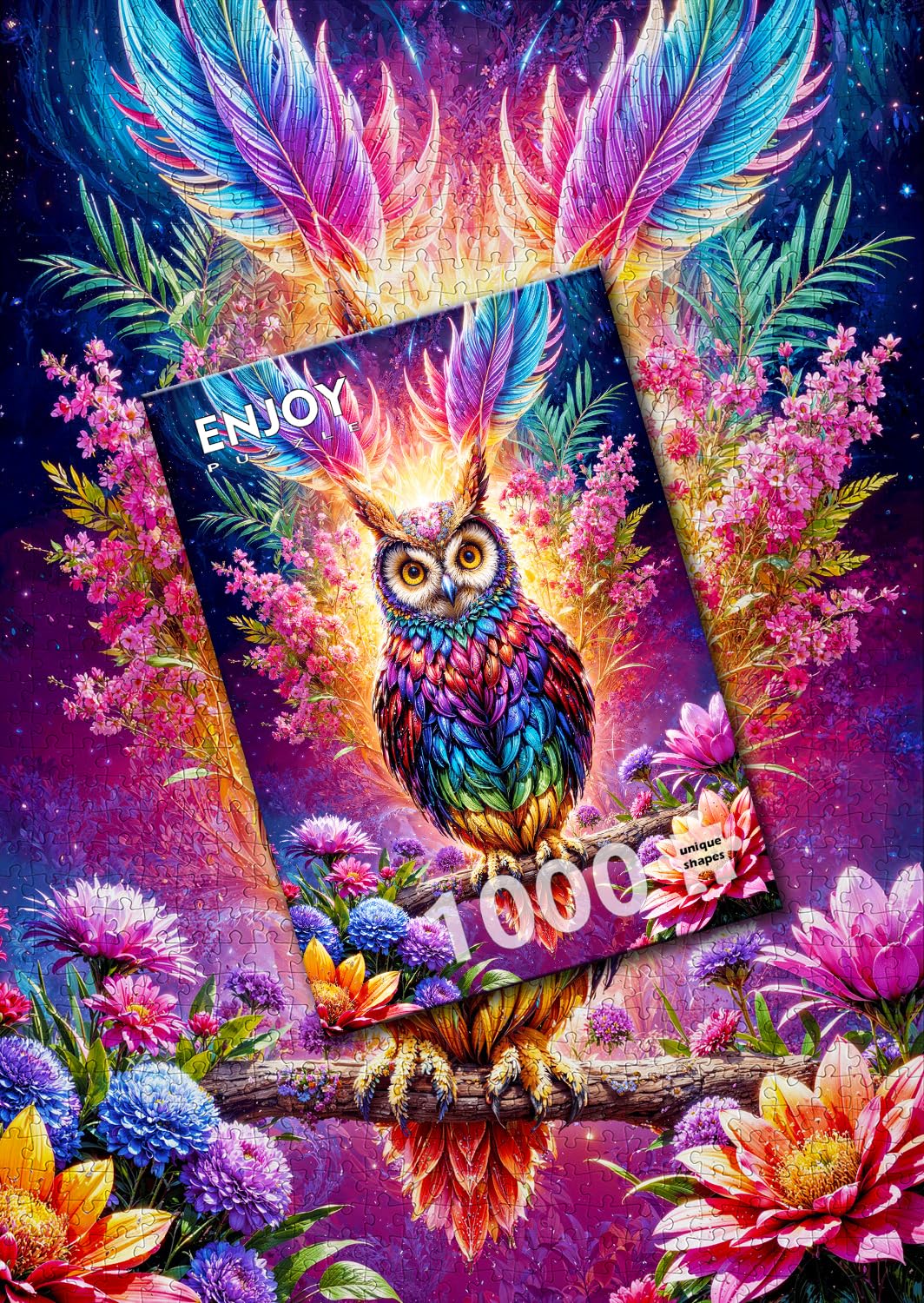 1000 Pieces Jigsaw Puzzle for Adults – Matte Finish, Soft Touch, Sturdy and Unique Pieces, Tight Fit, Vivid Colors, Missing Pieces Service – Magical Owl in Floral Fantasy Illustration by ENJOY Puzzle ENJOY Puzzle
