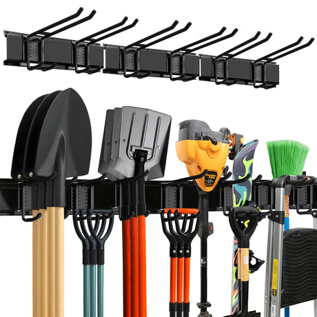 Garage Wall Organizer | 48" Heavy-Duty Tool Storage Rack | Adjustable Double-Layer Hooks | 300 lbs Capacity | Carbon Steel Wall Mount Holder for Shovels, Rakes, Ladders & Power Tools TIDYME