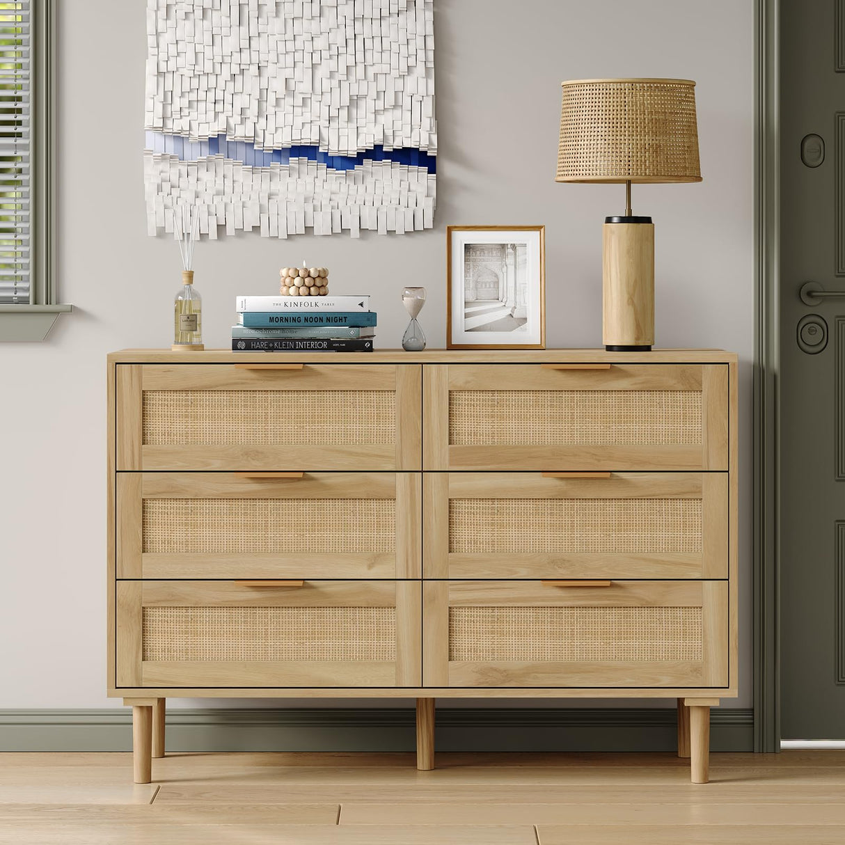 Furniouse 6 Drawer Rattan Dresser for Bedroom Wood Boho Dressers with Solid-Wood Legs & Natural Real Rattan Drawer, Modern Chest of Drawers Beside Table for Bedroom, Living Room Furniouse