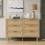 Furniouse 6 Drawer Rattan Dresser for Bedroom Wood Boho Dressers with Solid-Wood Legs & Natural Real Rattan Drawer, Modern Chest of Drawers Beside Table for Bedroom, Living Room Furniouse