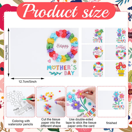 Motipuns 24 Sets Mother's Day Card Making Kits DIY Mothers Tissue Flower Paper Craft Make Your Own Mom Greeting Card Making Kit for Mother's Day Gift Party Decor Fun Home Activities Motipuns