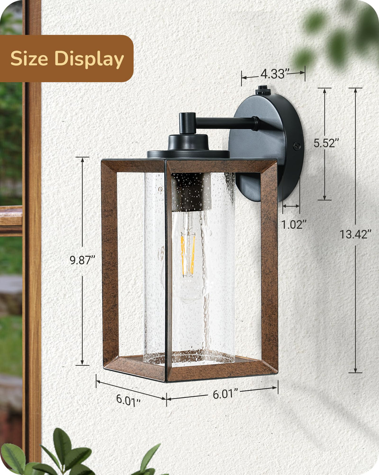 EDISHINE Dusk to Dawn Outdoor Wall Lights, Farmhouse Exterior Lighting Fixtures with Seeded Glass, Wood Grain Finish Porch Light Wall Mount Lantern Waterproof Outside Wall Sconce Lamp, E26 Base EDISHINE