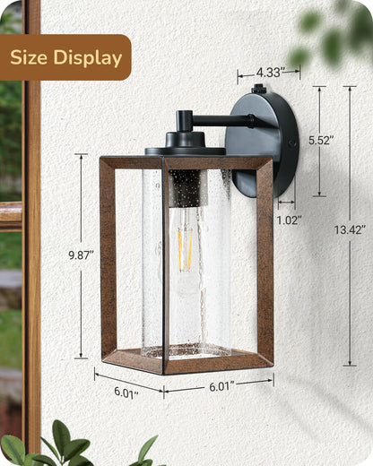 EDISHINE Dusk to Dawn Outdoor Wall Lights, Farmhouse Exterior Lighting Fixtures with Seeded Glass, Wood Grain Finish Porch Light Wall Mount Lantern Waterproof Outside Wall Sconce Lamp, E26 Ba - WoodArtSupply