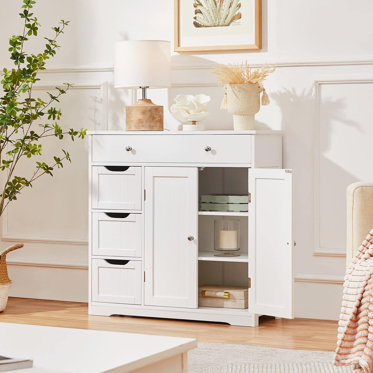 Yaheetech Bathroom Floor Cabinet, Large Storage Space Wooden Organizer with 1 Big Drawer, 3 Small Drawers & 2 Doors, Free-Standing Cupboard for Kitchen/Living Room/Bathroom Use, White Yaheetech