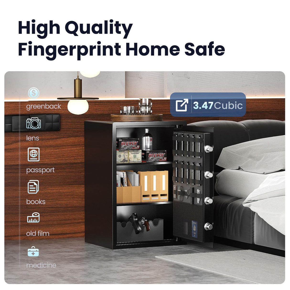 Grimtron Biometric Gun Safe (3.46 cu. ft.) – Quick Access Multiple Handgun Storage with Fingerprint & Backlit Keypad, Secure Pistol Safe Box with Door Organizer & Gun Rack Grimtron