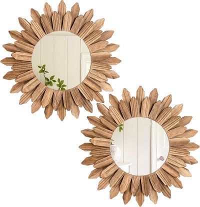 LOSOUR 2 Pack Boho Wall Decor Sunburst Mirror 12 inch Rustic Round Wood Mirror Boho Mirror Farmhouse Wall Decor for Bedroom Living Room Entryway