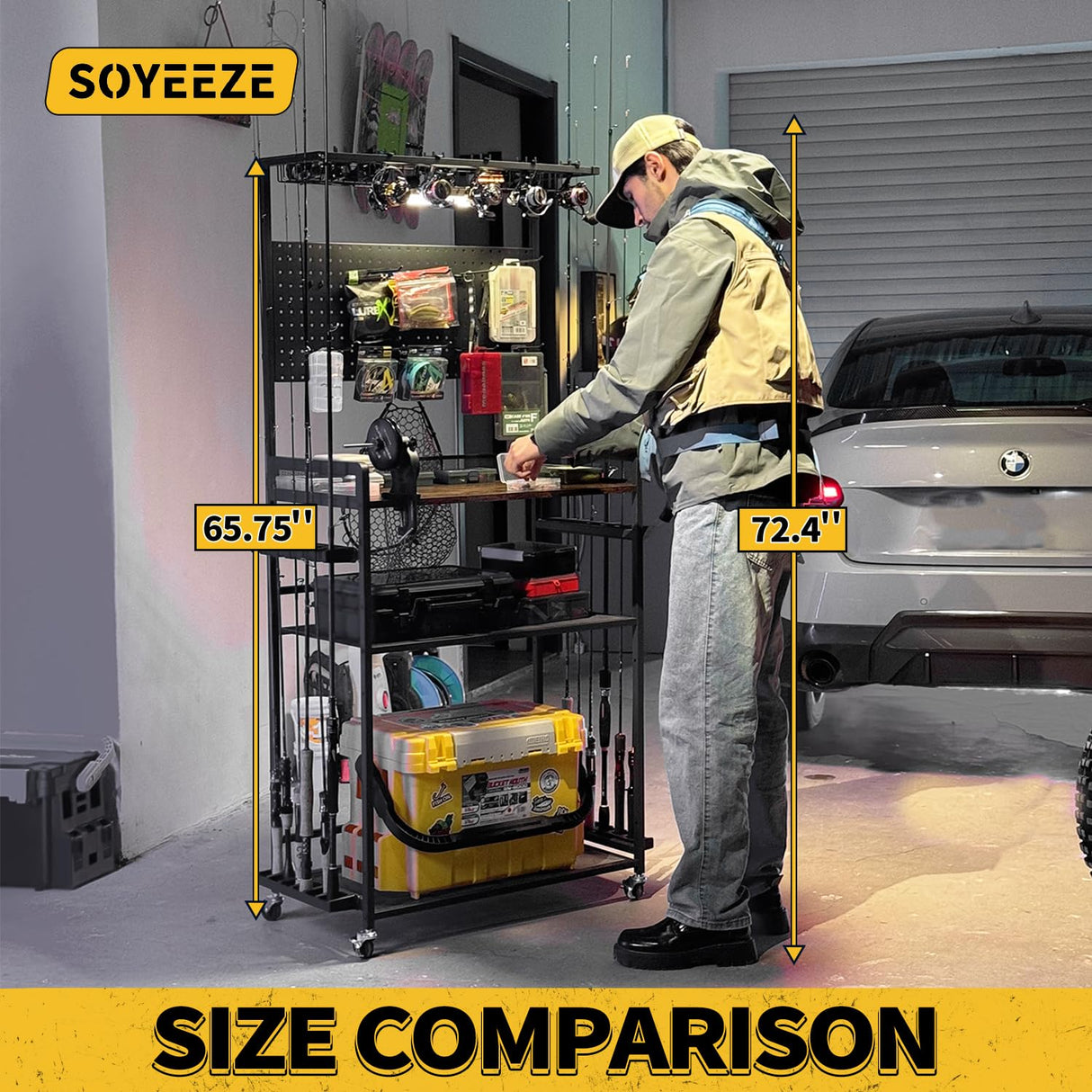 SOYEEZE Large Size Fishing Rod Holders for Garage, Heavy Duty 4-Tier Fishing Pole Rack Holds up to 12 Rods with Pegboard and Hooks, Fishing Gear Organizer, Fishing Storage Cart with Lockable Wheels SOYEEZE