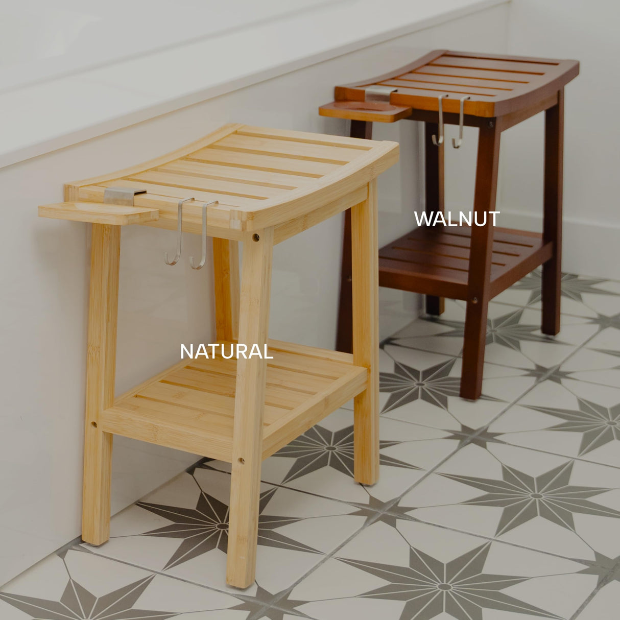 Bamboo Shower Bench for Inside Shower – Waterproof Bathroom Spa Seat with Shelf, Hooks & Soap Tray – Wood Shower Stool for Shaving, Sauna, or Small Bathroom – Walnut ATALIA