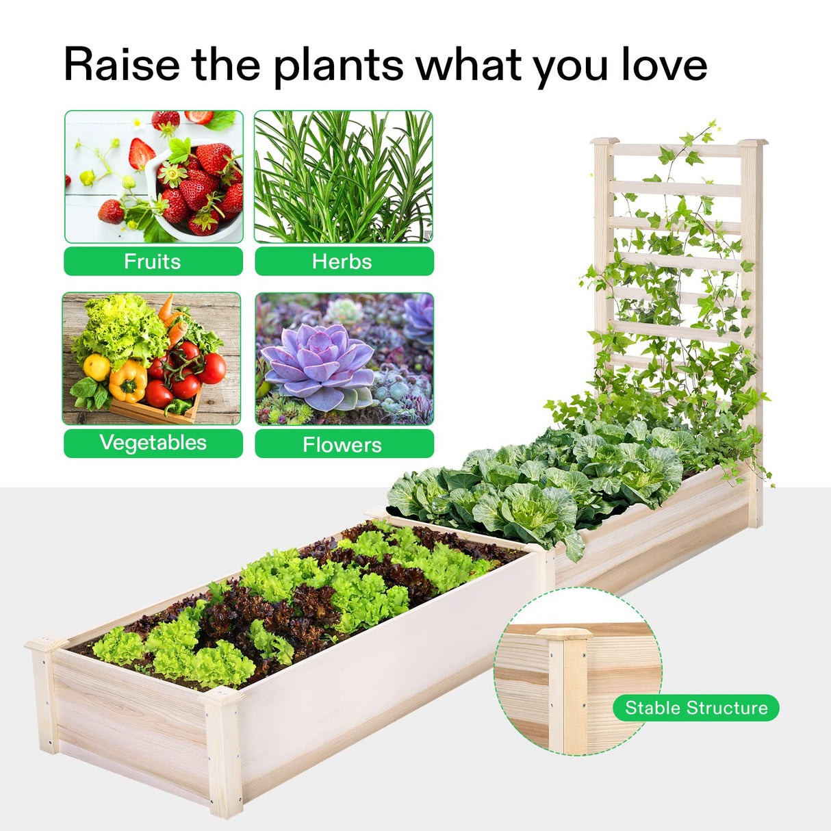 VIVOSUN Wooden Raised Garden Bed, 48 x 24 x 30 Inches, Outdoor Wood Planter Box with Gloves and a Liner, with Trellis for Vine Climbing for Garden, Patio, Balcony, Backyard and Outdoors VIVOSUN