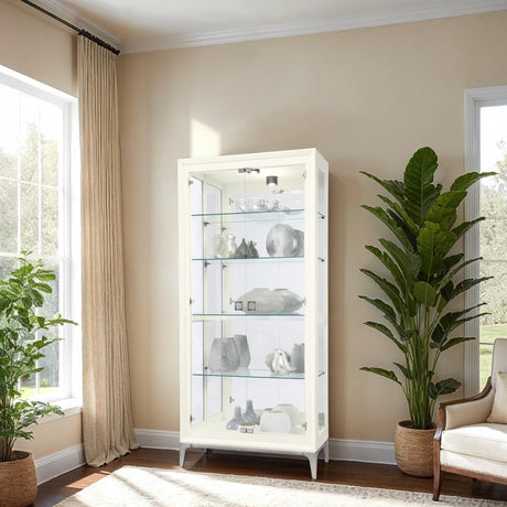 Howard Miller Sheena II Curio Cabinet – White Wire Brushed Display Cabinet Reclaimed Wood Look Aged Nickel Base & Square Pulls Hinged Glass Doors Adjustable Shelves & Mirrored Back for Home Decor Howard Miller