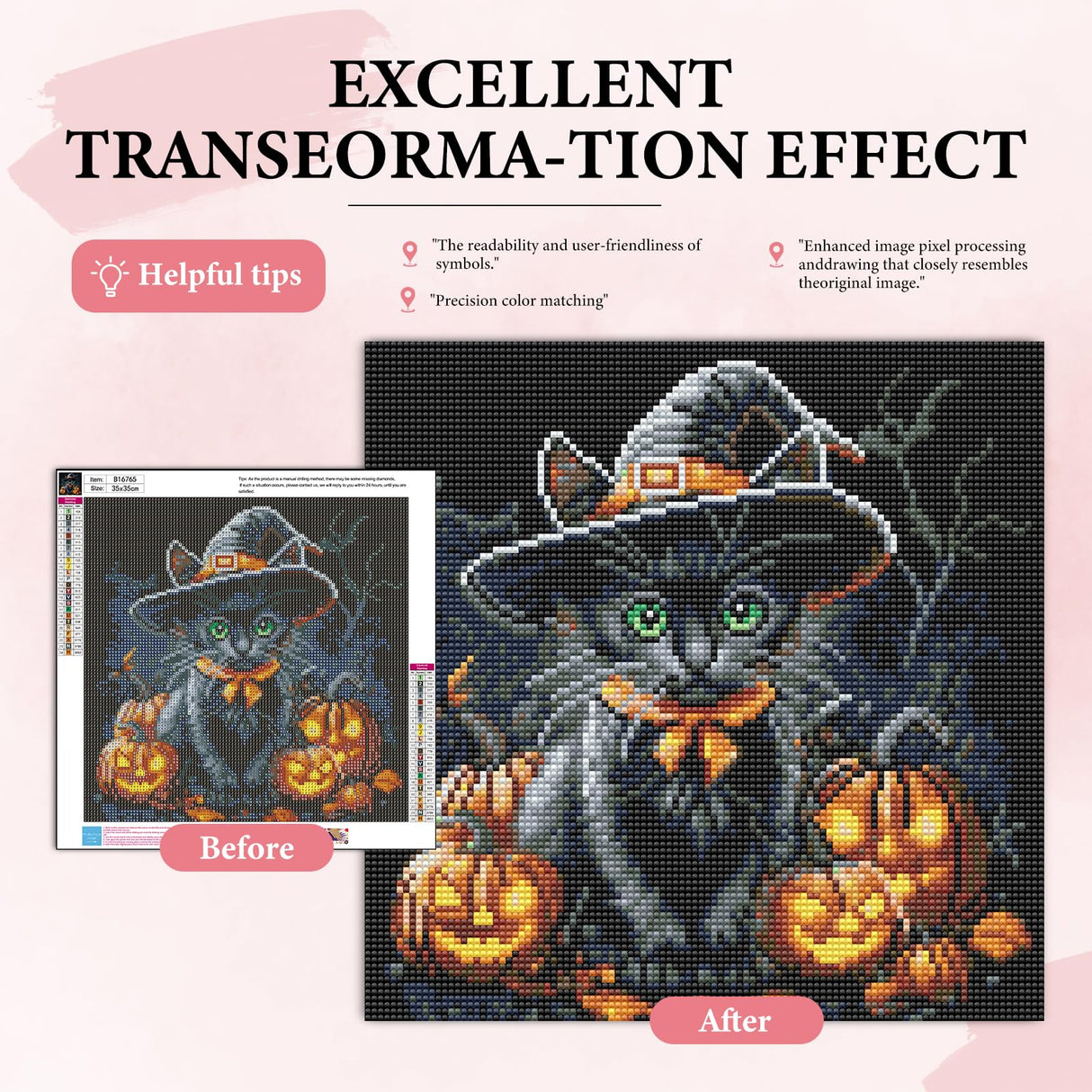Yezavesu Halloween Diamond Art Kits for Adults, Black Cat Diamond Painting Kit for Beginners, Pumpkin 5D DIY Round Full Drill Painting with Gem Art Craft Kits for Home Wall Decor 14x14 Inch Yezavesu