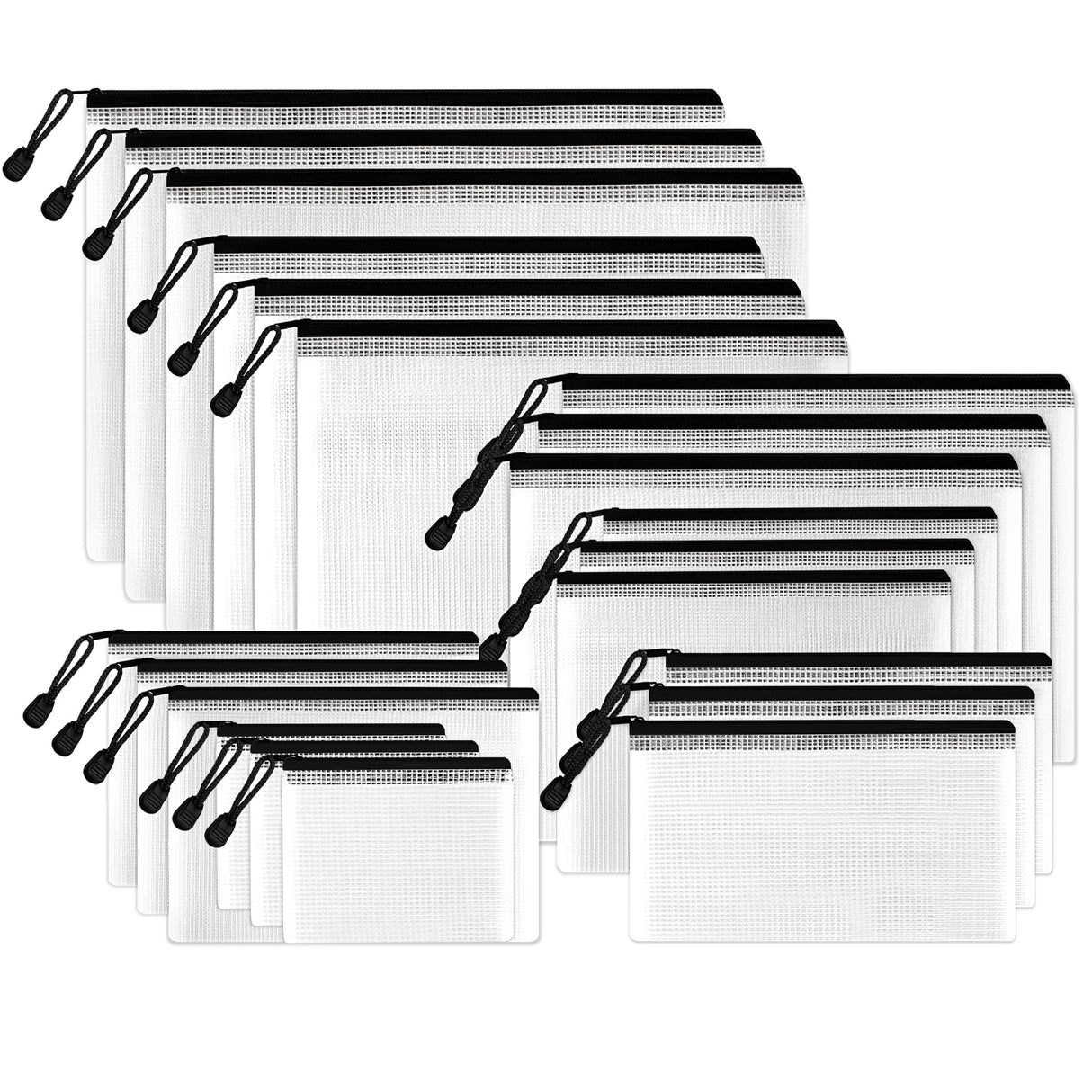 SUNEE Multisize Mesh Zipper Pouches (Black, 21 Packs), Water-Resistant Zip Bag for School Office Supplies, Puzzles & Games Organizing Storage SUNEE