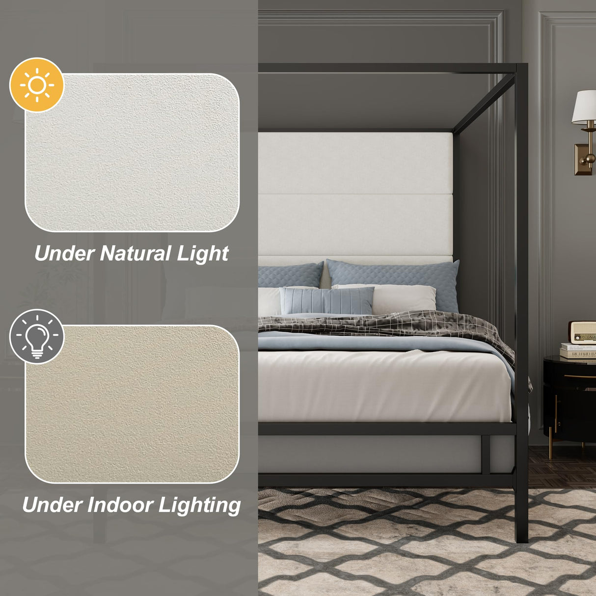 LUMISOL King Size Canopy Bed Frame, Modern Canopy Bed with Tall Velvet Fabric Upholstered Headboard Metal 4-Poster Bed Frame, Box Spring Needed, Black LUMISOL