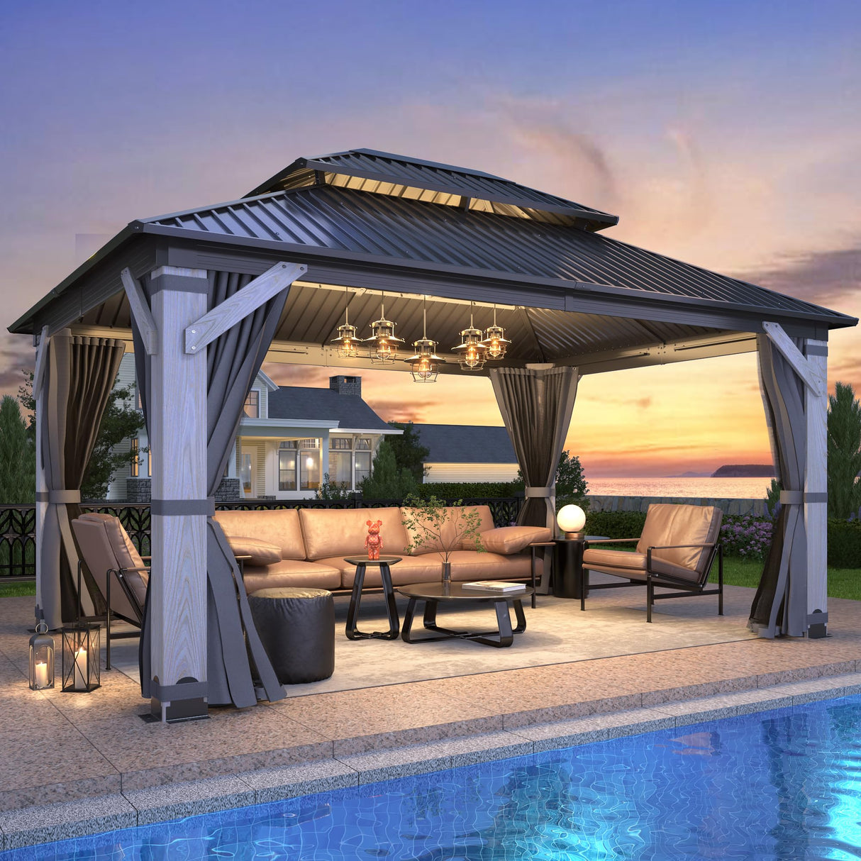 GARTOO 12' x 16' Outdoor Wood Gazebo - Permanent Wooden Hardtop Gazebo Pavilion with Double Curtains, Galvanized Steel Roof Cedar Wood Gazebos for Garden, Lawn, Poolside, Backyard Deck GARTOO