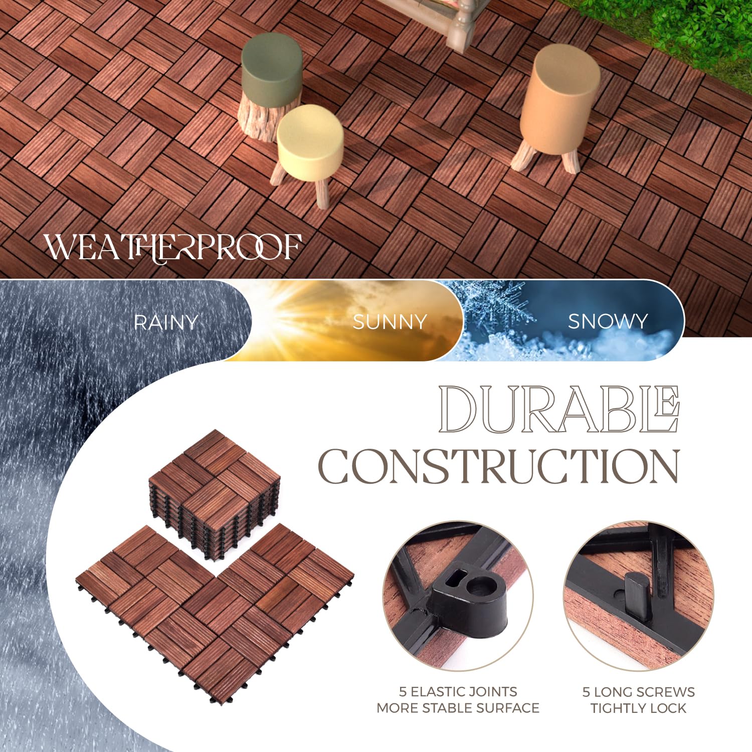 TimberWave Pack of 10 Deck Tiles, Solid Acacia Wood Floor Tiles, Patio Tiles Outdoor Interlocking Waterproof All Weather, with Grooves Decrease Skidding (10, Dark Brown, 12" x 12" - 12 Slat) - WoodArtSupply