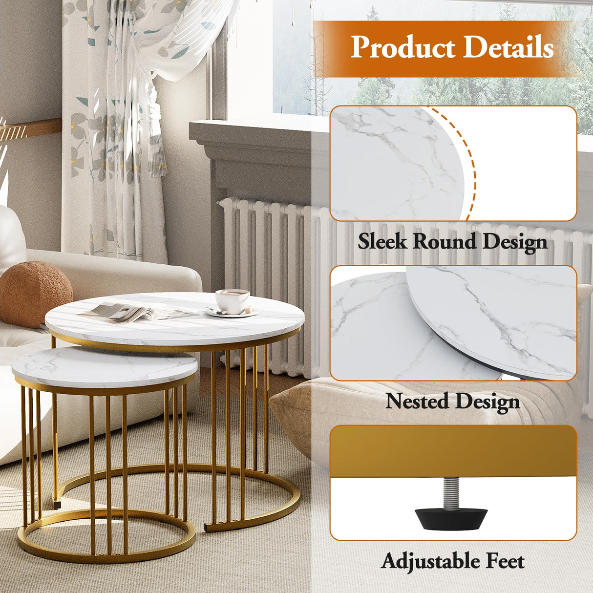 Garden 4 you Coffee Table Faux Marble Nesting Table for Small Place 2 Sets Modern Furniture Living Room Sets End Side Table Night Stand for Bed Room Dining Room (White & Gold) Garden 4 you