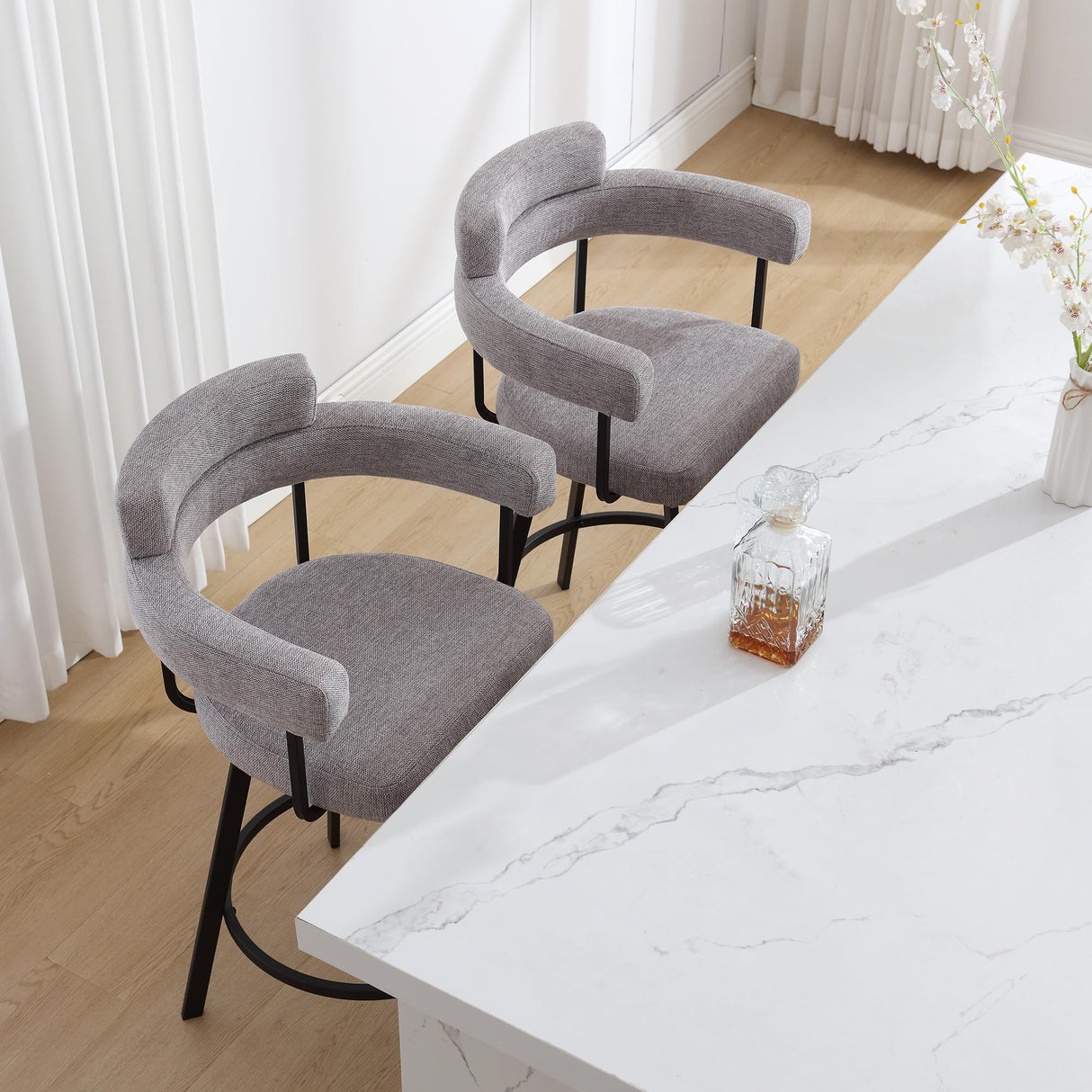 JIRAIN 26’’ Swivel Counter Height Bar Stools, Modern Counter Stools with Round Back, Linen Upholstered Barstools with Round Footrest for Kitchen Island, Home Pub, Set of 2, Grey JIRAIN