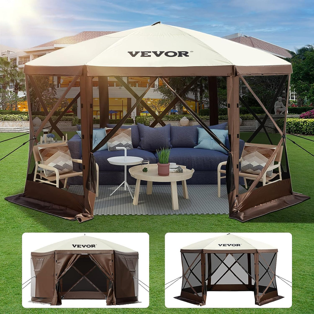 VEVOR Gazebo Screen Tent, 10 x 10 ft, 6 Sided Pop-up Camping Canopy Shelter Tent with Mesh Windows, Portable Carry Bag, Ground Stakes, Large Shade Tents for Outdoor Camping, Lawn and Backyard VEVOR