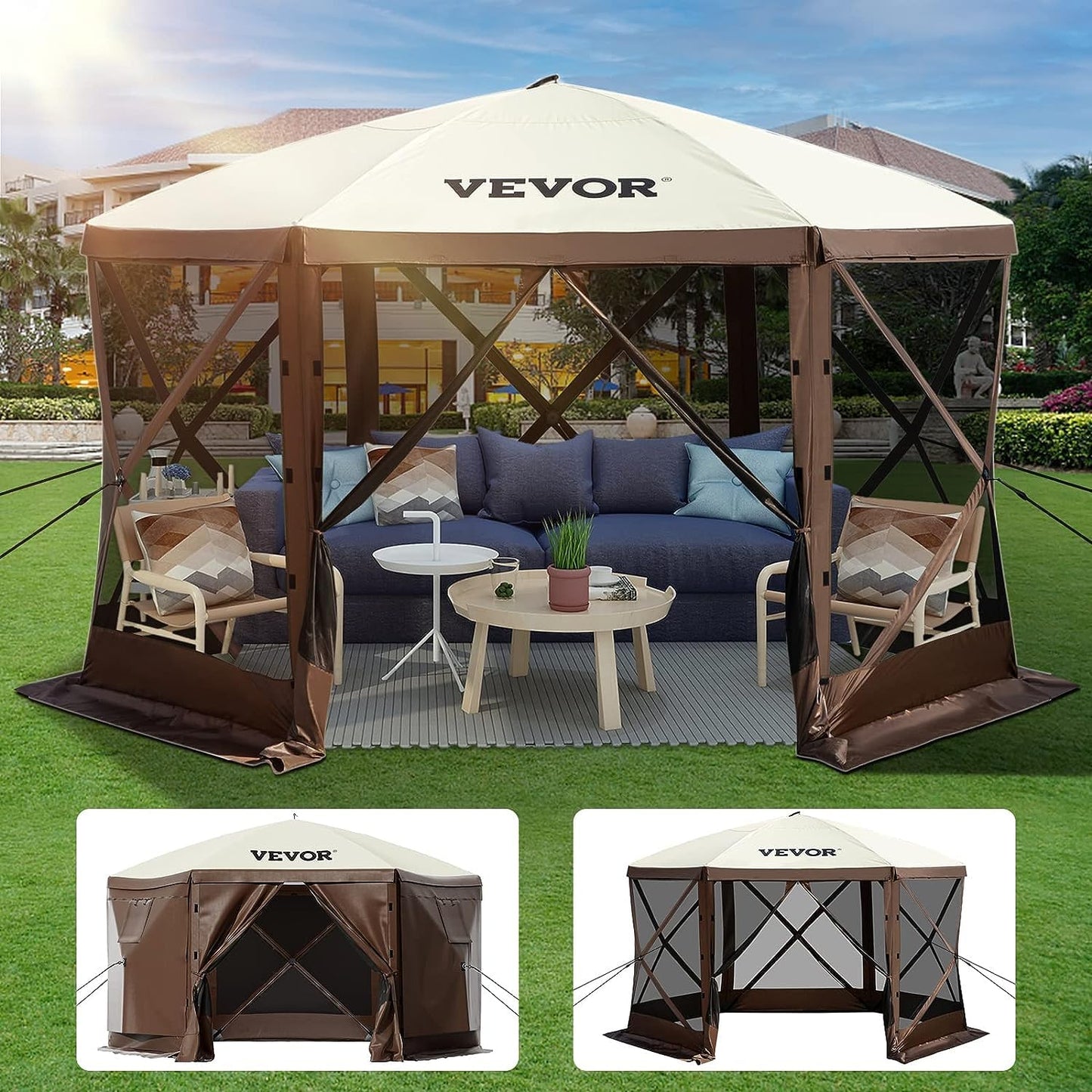 VEVOR Gazebo Screen Tent, 10 x 10 ft, 6 Sided Pop-up Camping Canopy Shelter Tent with Mesh Windows, Portable Carry Bag, Ground Stakes, Large Shade Tents for Outdoor Camping, Lawn and Backyard