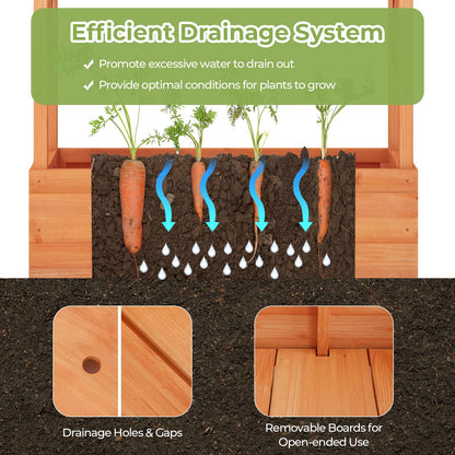 LDAILY Moccha Raised Garden Bed with Trellis, Wood Garden Planter with Hanging Roof, Drainage Holes, Freestanding Elevated Planter Box for Climbing Plants, Vines, Flowers, 43.5" x 17.5" x 72" - WoodArtSupply