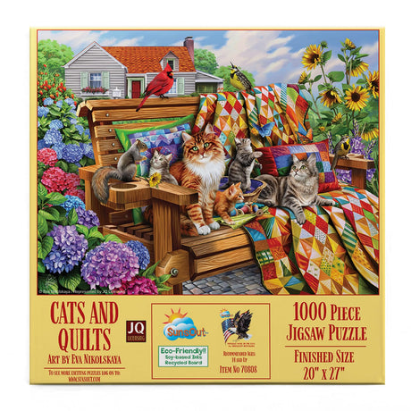 SUNSOUT INC - Cats and Quilts - 1000 pc Jigsaw Puzzle by Artist: Eva Nikolskaya - Finished Size 20" x 27" - MPN# 70808 SunsOut