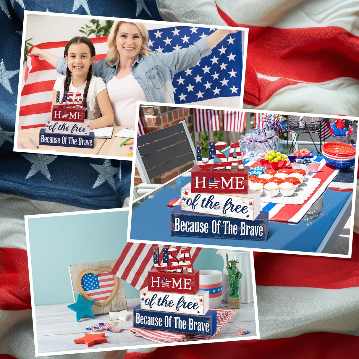 Huquary 4 Pcs Farmhouse 4th of July Patriotic Table Sign Independence Day Table Wood Decorations Patriotic Themed Rustic Farmhouse Wood Block Sign for Party Home Desk (Stylish) Huquary