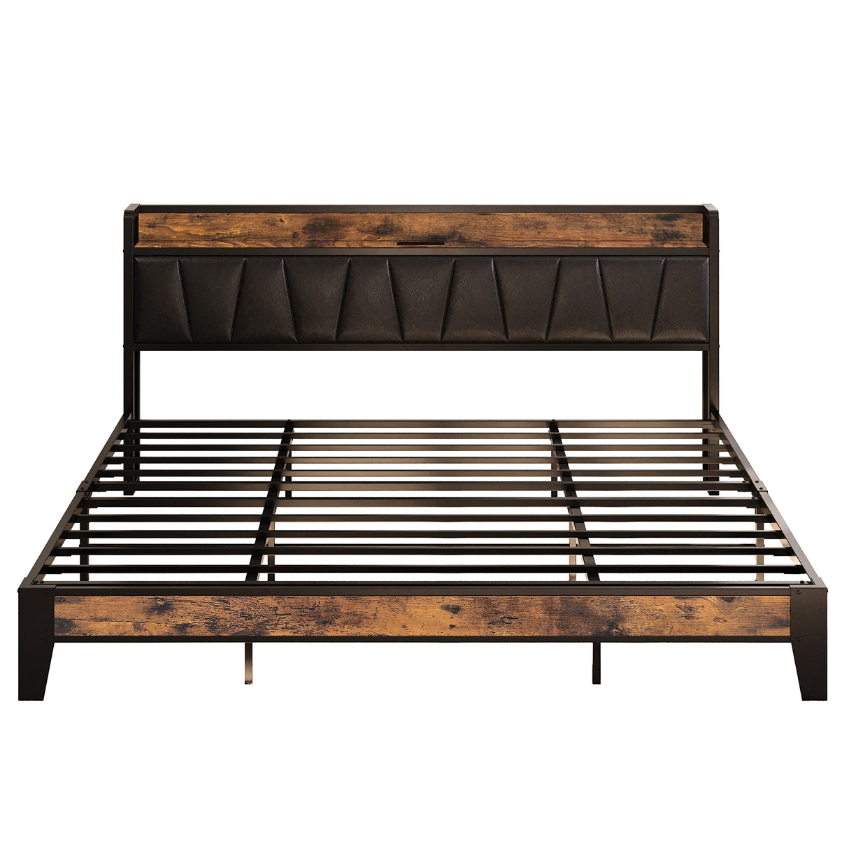 LIKIMIO Vintage Brown King Bed Frame with Storage Headboard and Charging Station LIKIMIO