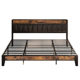 LIKIMIO Vintage Brown King Bed Frame with Storage Headboard and Charging Station LIKIMIO