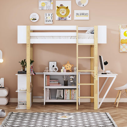 Harper & Bright Designs Twin Size Loft Bed with Foldable Desk, Bookshelf and Built-in Storage Cabinet, Wood Loft Bed Frame, White