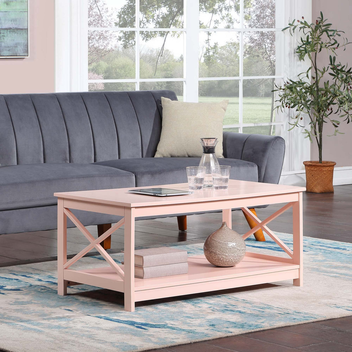Convenience Concepts Oxford Coffee Table with Shelf, Blush Pink Convenience Concepts