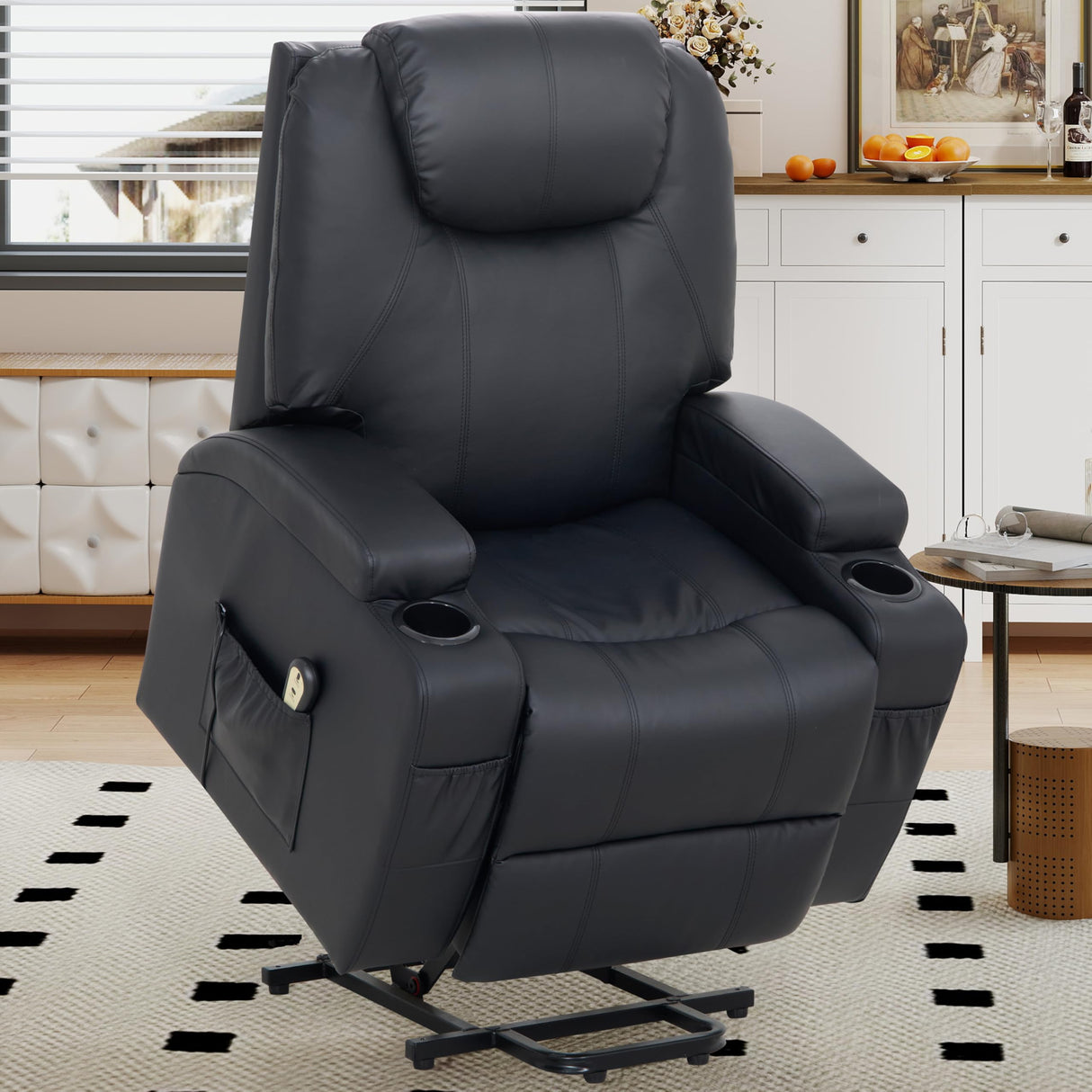 VUOVUS Power Lift Recliner Chair for Elderly, PU Leather Electric Lift Chair with Remote Control, Adjustable Footrest & Lumbar Support, Living Room Recliner with Cup Holders & Side Pockets (Black) VUOVUS