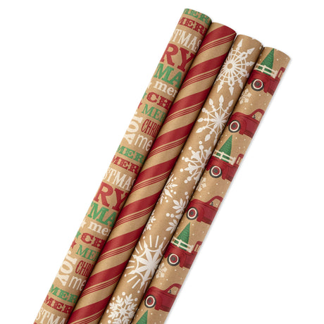 Hallmark Christmas Wrapping Paper Bundle with Cut Lines on Reverse, Kraft (Pack of 4, 88 sq. ft. ttl) Red Trucks, Snowflakes, Stripes, Merry Christmas (5JXW1038) Hallmark