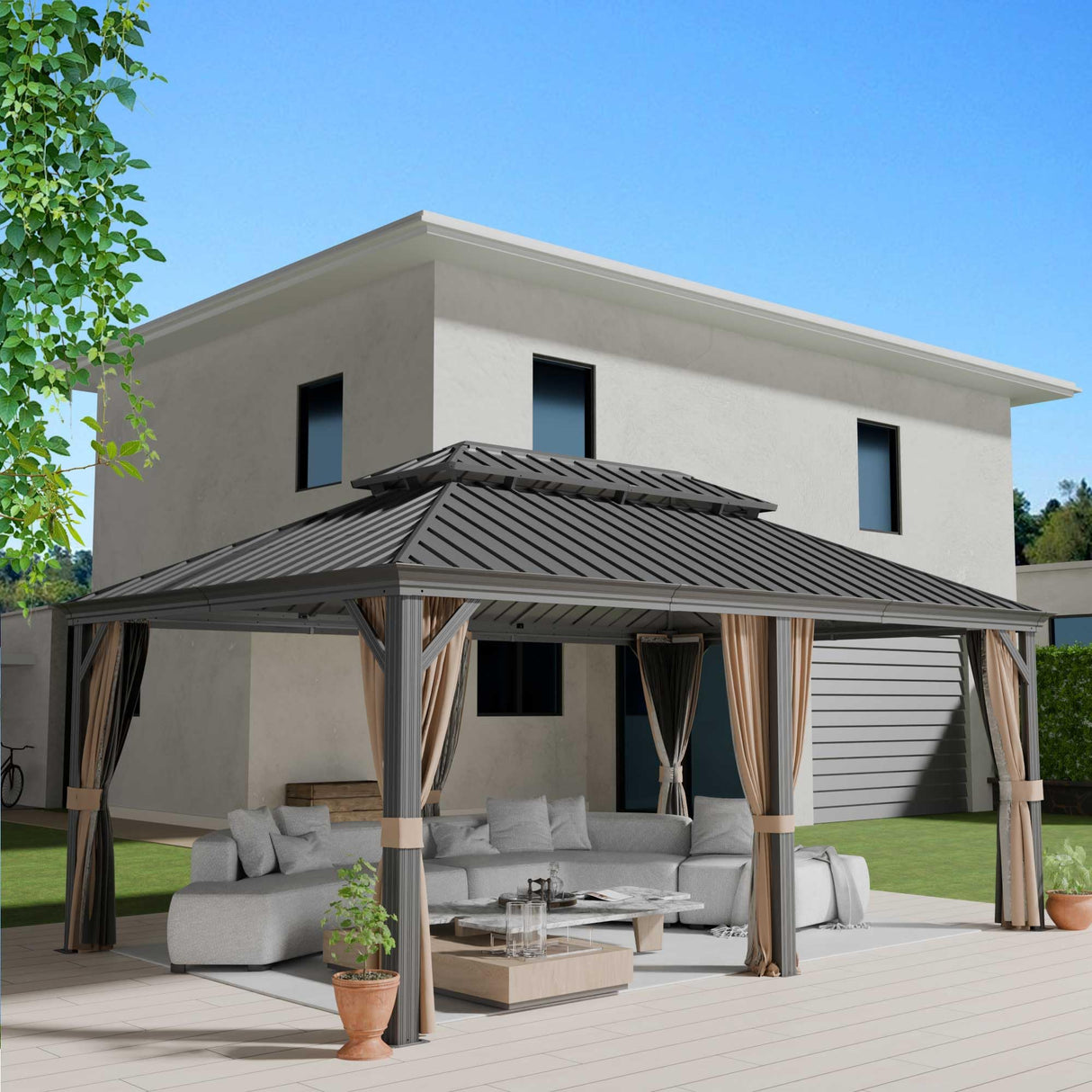 Yardsight 12' x 18' Hardtop Gazebo, Aluminum Frame Pavilion with Galvanized Steel Double Roof Heavy Duty Permanent Gazebo with Mosquito Netting and Privacy Curtain for Patio, Garden, Lawn. Yardsight