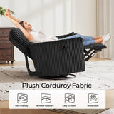 LINSY 360 Swivel Recliner Chair - Corduroy Nursery Glider Rocking Chair with 2 Pillows, Comfy High Back Adult Recliner for Small Spaces, Nursery Bedroom Living Room Reclining (Black) LINSY