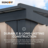 Sunjoy 12 x 14 ft Wall Mounted Gazebo with Powder Coated Steel Roof, Black Aluminum & Metal Frame Lean to Gazebo with Curtains and Netting Sunjoy