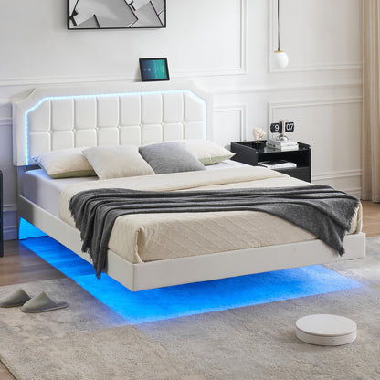 IDEALHOUSE King Size Floating Bed Frame with RGB LED Headboard and Adjustable Upholstered Design - WoodArtSupply