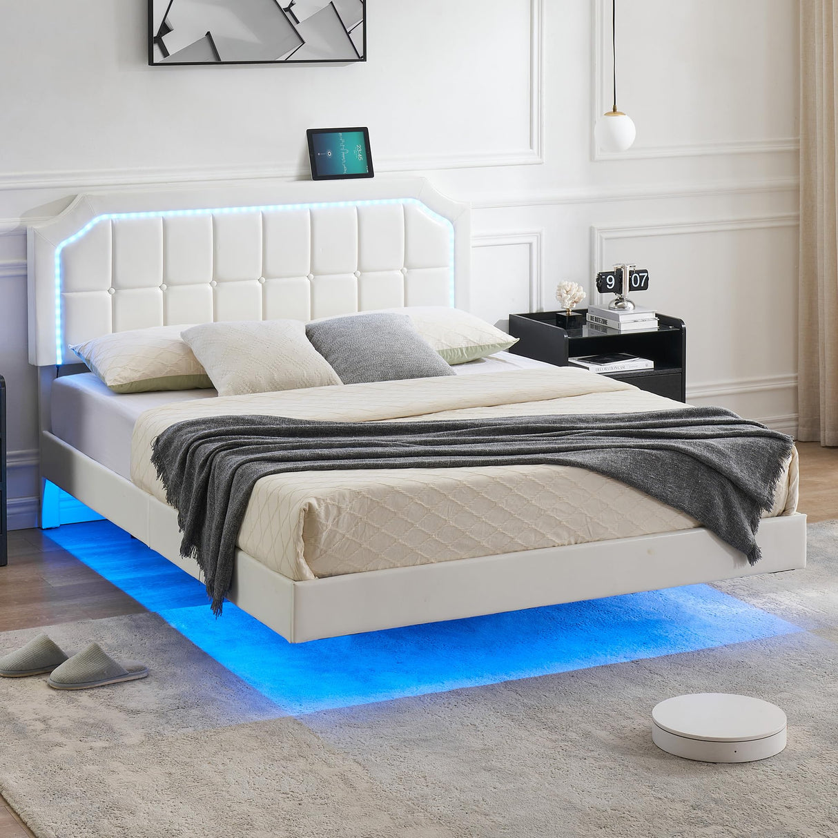 GAOMON Full Size Floating Bed Frame with RGB Led Lights Headboard, Modern Floating Led Full Bed Frame with Upholstered Adjustable Headboard, Stable Structure, No Box Spring Needed, Easy Assembly GAOMON