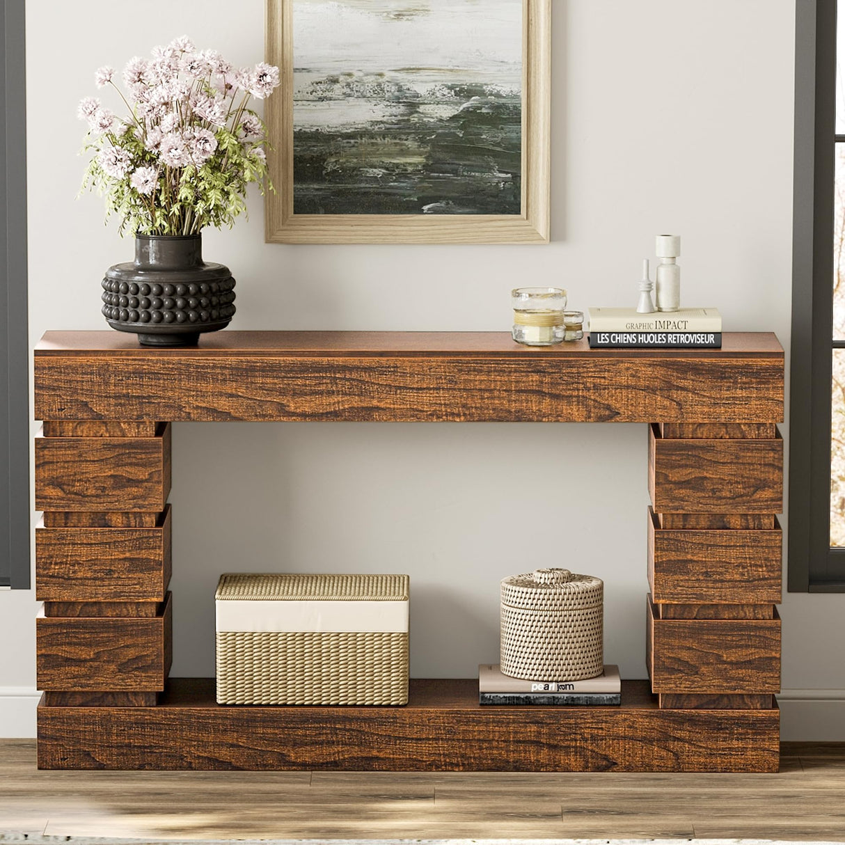 LIKEMET 55 Inch Console Table Farmhouse Entryway Table, Wood Sofa Table Accent Table with Open Storage, Narrow Couch Table for Entrance, Hallway, Foyer, Living Room LIKEMET