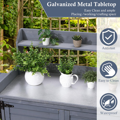 GarveeLife Garden Potting Bench Table, Outdoor Garden Horticultural Wooden Storage Cabinet, Solid Wood Planting Work Bench with Open Top, Metal Tabletop, Handy Hooks, Bench Table Cover GarveeLife