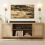 IDEALHOUSE Rattan TV Stand for 75 inch, Boho Entertainment Center with Adjustable Shelves, Natural Oak TV & Media Cabinet 2-Tier Storage for Living Room Bedroom IDEALHOUSE