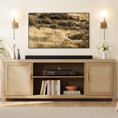 IDEALHOUSE Rattan TV Stand for 75 inch, Boho Entertainment Center with Adjustable Shelves, Natural Oak TV & Media Cabinet 2-Tier Storage for Living Room Bedroom