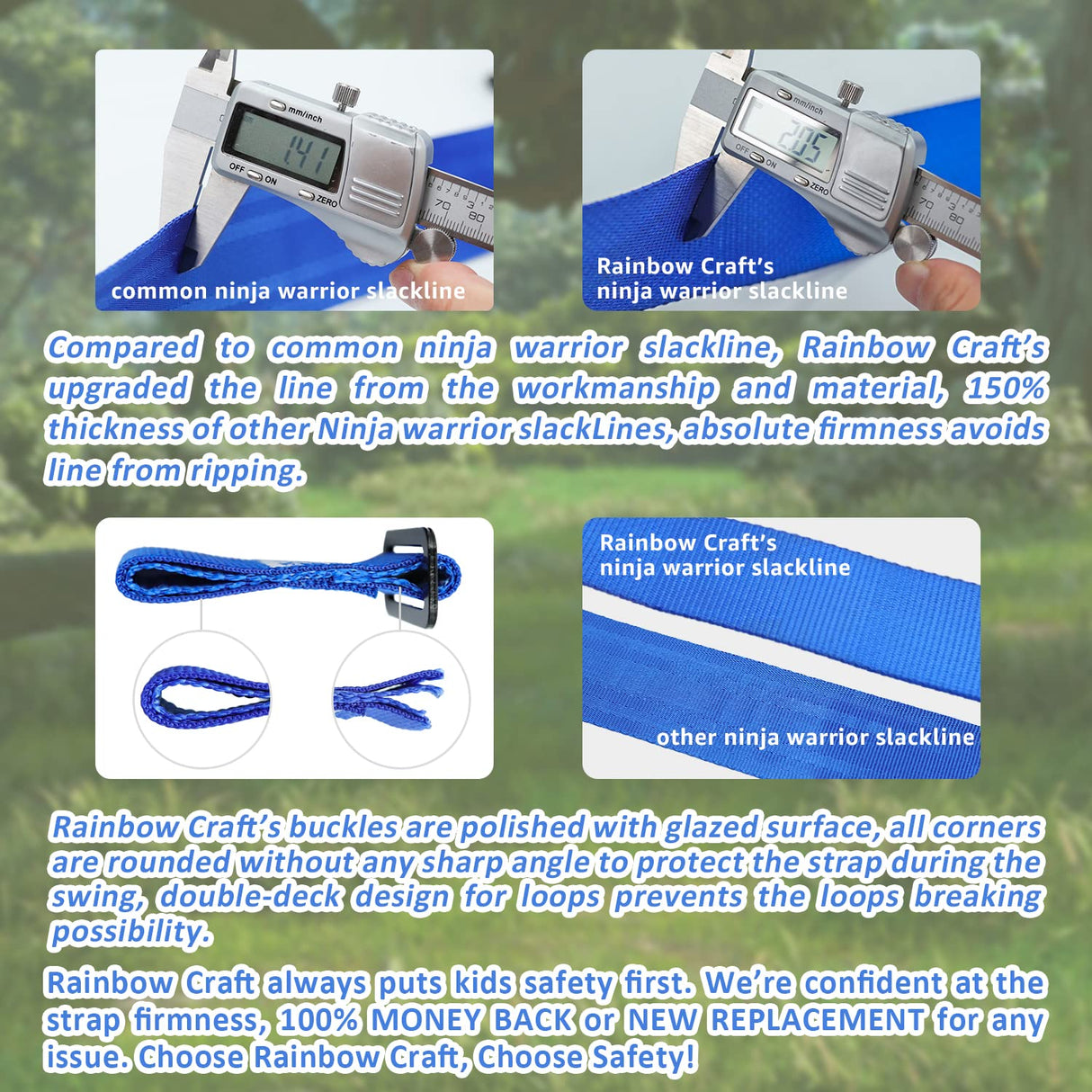 Rainbow Craft Ninja Warrior Obstacle Course for Kids - 50ft Slackline, 12 Removable Buckle Loops, 12 Ninja Attachments, Outdoor Training Equipment Rainbow Craft