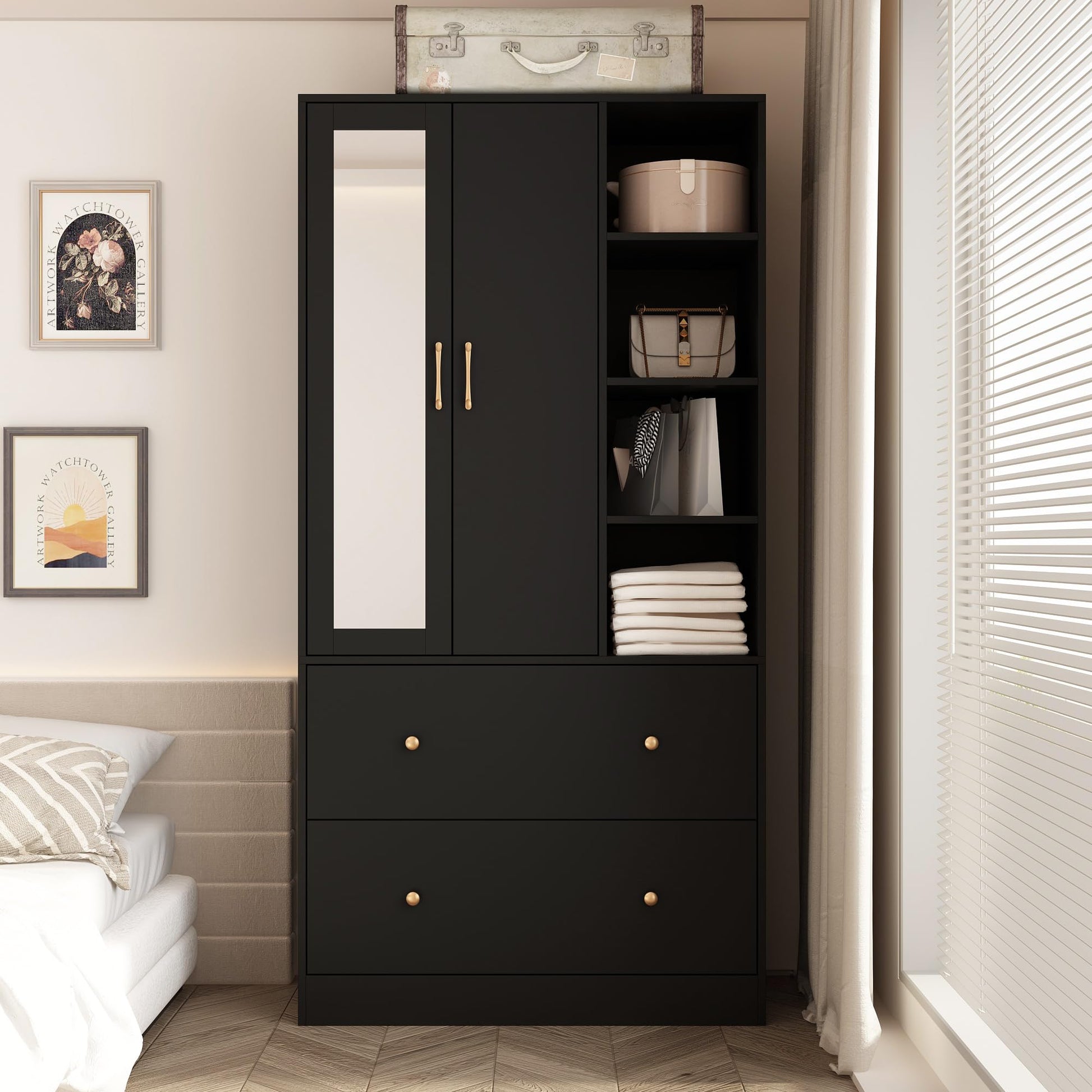 Homsee Wardrobe Armoire Wooden Closet with Mirror, 2 Doors, 2 Drawers, 4 Open Storage Cubes and Hanging Rod for Bedroom, Black (35.5”L x 15.8”W x 70.8”H) - WoodArtSupply