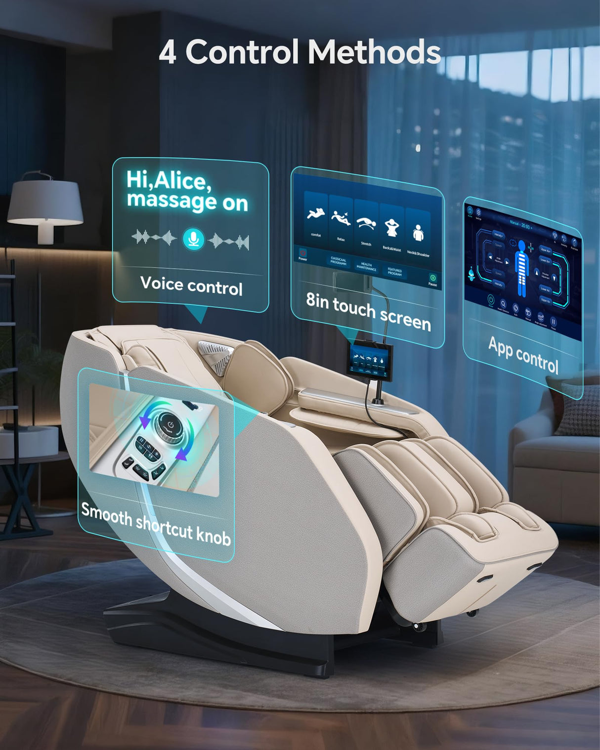 UIIU 4D Smart Massage Chair Full Body Zero Gravity Massage Chair Recliner,15+ Scene-Customized Massage Mode,Dual SL Massage Back Calf Heat Upgraded Animated Touchscreen App Control Large Size Beige UIIU