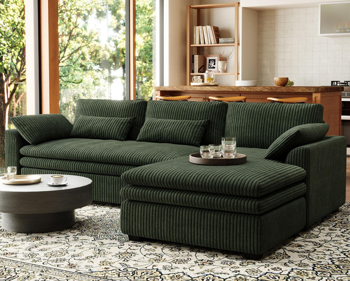 Belffin Large Modular Sectional Sofa with Deep Chaise, 104" Corduroy L Shaped Couch with 9" Soft Dual-Layer Seats Cushion for Living Room, Apartment, Green Belffin