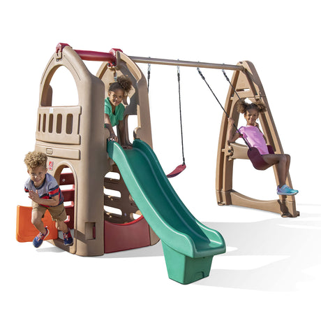 Step2 Naturally Playful Adventure Lodge Play Center with Glider, Kids Outdoor Playset, Two Tier Backyard Playground Set, Slide, Swings, Outside Jungle Gym, For Children 3-8 Years Old Step2